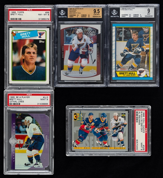 Brett Hull Graded Card Collection (8) Including 1988-89 Topps #66 Rookie (Graded PSA 8) and 1997-98 Upper Deck Sixth Sense Masters #SS4 (Graded Beckett 9.5)