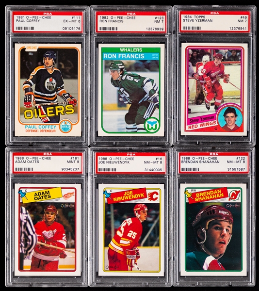 1975-76 to 1988-89 O-Pee-Chee and Topps Graded Hockey Card Collection of 10 Including Rookie Cards of Coffey, Francis, Yzerman, Oates, Nieuwendyk and Shanahan