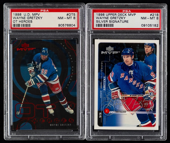 Wayne Gretzky Graded Card Collection (7) Including 1998-99 Upper Deck MVP OT Heroes #OT5 (Graded PSA 8) and 1998-99 Upper Deck MVP Silver Script #218 (Graded PSA 8)
