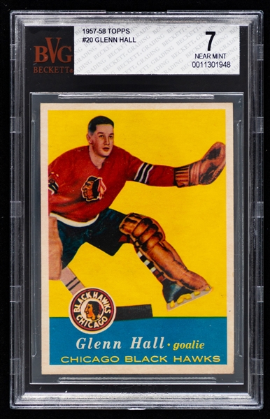 1957-58 Topps Hockey Card #20 HOFer Glenn Hall Rookie - Graded BVG 7