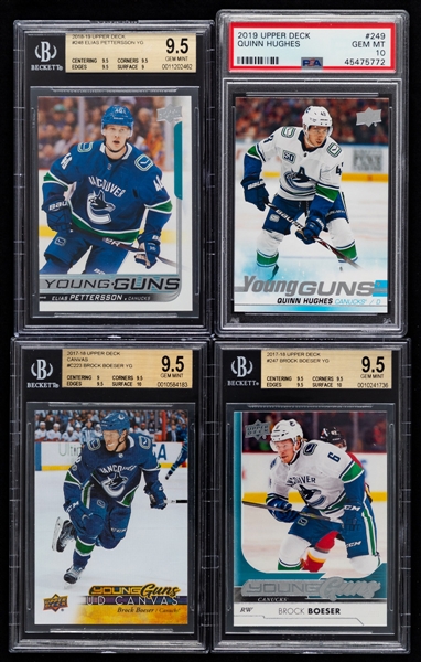 2017-18 to 2019-20 Upper Deck Young Guns Hockey Cards (4) Including #248 Elias Petterson Rookie (Graded Beckett GEM MT 9.5) and #249 Quinn Hugues Rookie (Graded PSA GEM MT 10)