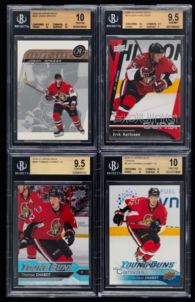 2002-03 to 2016-17 Upper Deck Young Guns Hockey Cards (4) Including #443 Jason Spezza Rookie (Graded Beckett Pristine 10) and #210 Erik Karlsson Rookie (Graded Beckett GEM MT 9.5)
