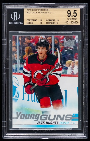 2019-20 Upper Deck Young Guns Hockey Card #201 Jack Hughes Rookie – Graded Beckett GEM MT 9.5