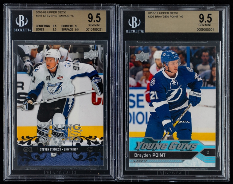 2008-09 Upper Deck Young Guns Hockey Card #245 Steven Stamkos Rookie (Graded Beckett GEM MT 9.5) and 2016-17 Upper Deck Young Guns Hockey Card #205 Brayden Point Rookie (Graded Beckett GEM MT 9.5) 