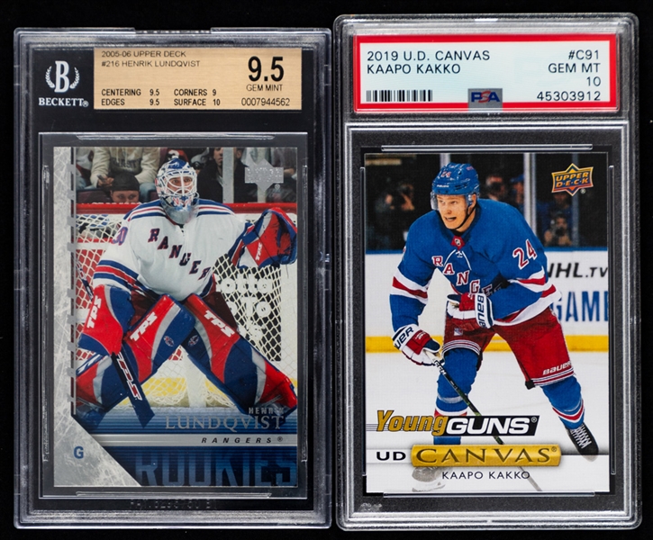 2005-06 Upper Deck Young Guns Hockey Card #216 Henrik Lundqvist Rookie (Graded Beckett GEM MT 9.5) and 2019-20 Upper Deck Young Guns Canvas Hockey Card #C91 Kaapo Kakko Rookie (Graded PSA GEM MT 10) 