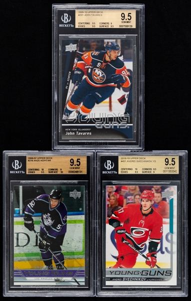 2006-07 to 2018-19 Upper Deck Young Guns Hockey Cards (3) Including #216 Anze Kopitar Rookie, #201 John Tavares Rookie and #451 Andrei Svechnikov Rookie - Each Graded Beckett GEM MT 9.5