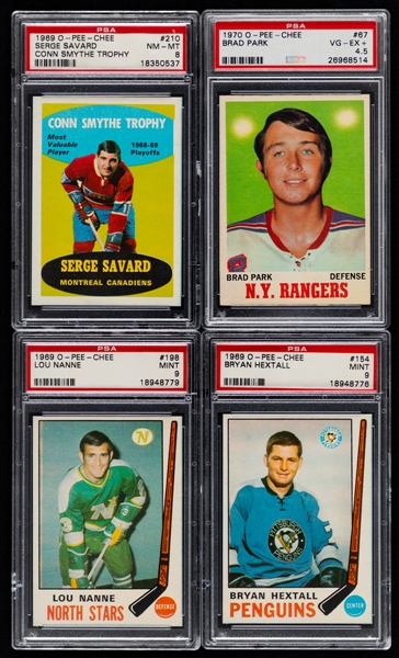 1969-70 and 1970-71 O-Pee-Chee/Topps PSA/SGC-Graded Hockey Cards (12 - Most are RC) Including #210 HOFer Serge Savard (PSA 8) and #67 HOFer Brad Park Rookie (PSA 4.5) Plus Additional Brad Park RC