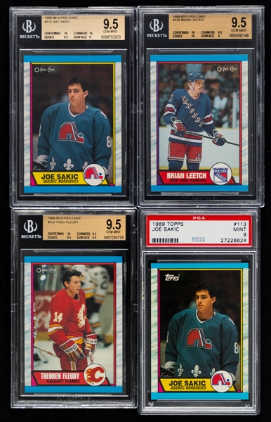 1989-90 O-Pee-Chee/Topps PSA/Beckett/KSA-Graded Hockey Cards (13 - Most are RC) Including #113 HOFer Joe Sakic Rookie (Beckett GEM MINT 9.5) and #136 HOFer Brian Leetch Rookie (Beckett GEM MINT 9.5)