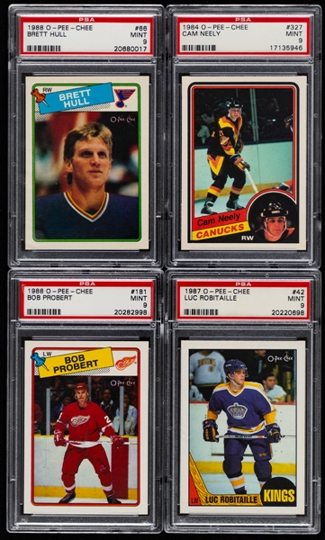 1984-85 to 1988-89 O-Pee-Chee PSA/Beckett-Graded Hockey Cards (8 - All RC) Including #66 HOFer Brett Hull Rookie (PSA 9) and #327 HOFer Cam Neely Rookie (PSA 9) Plus #67 Steve Yzerman RC (Raw)