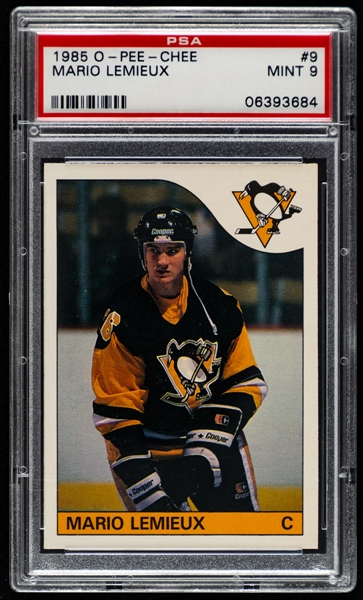 1985-86 O-Pee-Chee Hockey Card #9 HOFer Mario Lemieux Rookie - Graded PSA 9