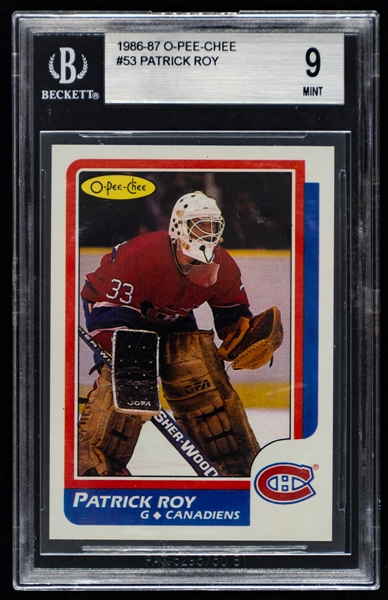 1986-87 O-Pee-Chee Hockey Card #53 HOFer Patrick Roy Rookie (Graded Beckett 9) Plus 2002-03 Topps Stadium Club Certified Jersey/Auto (181/250)