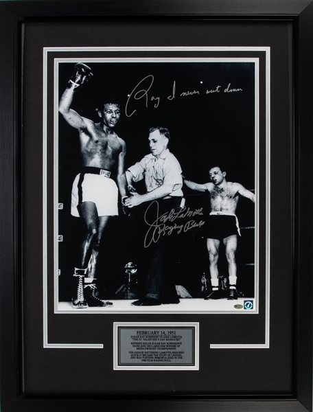 Jake LaMotta vs Sugar Ray Robinson "Saint Valentines Day Massacre" Signed Photo Display with LOA (25" x 33")