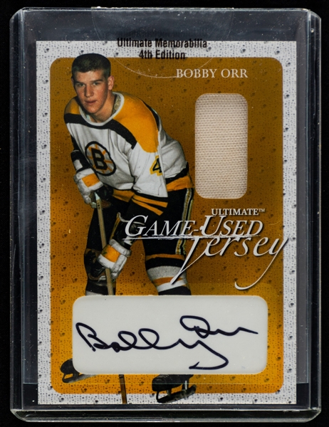 2004 ITG Ultimate Memorabilia 4th Edition Ultimate Game-Used Jersey/Auto Hockey Card #153 HOFer Bobby Orr (1/30)