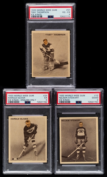 1933-34 World Wide Gum Ice Kings V357 Boston Bruins PSA-Graded Cards (3) of HOFers #57 Tiny Thompson Rookie (VG-EX 4), #12 Nelson Stewart Rookie (Good 2) and  #23 Harry Oliver (EX 5)