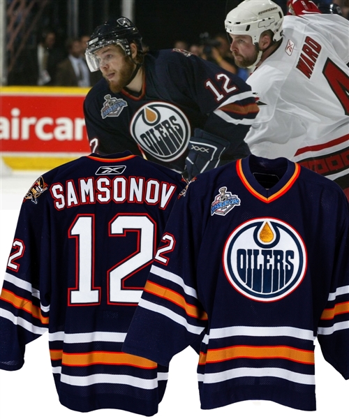 Sergei Samsonovs 2005-06 Edmonton Oilers Stanley Cup Finals Game-Worn Jersey with 2006 Stanley Cup Finals Patch! Plus 2006 Finals Game 4 Samsonov Goal Puck - LOAs 