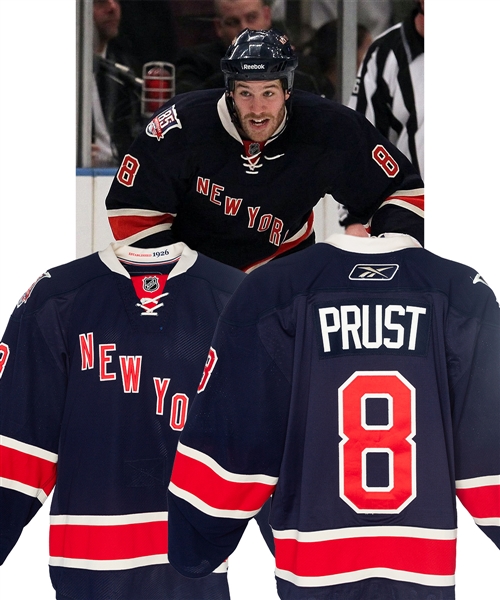 Brandon Prusts 2010-11 New York Rangers Signed Game-Worn Heritage Jersey with Steiner LOA - 85th Anniversary Patch!