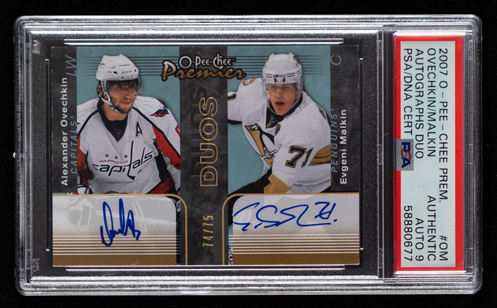 2007-08 O-Pee-Chee Premier Duos Hockey Card #PP2-OM Alexander Ovechkin/Evgeni Malkin Autographs (74/75) - Autographs Graded PSA/DNA 9