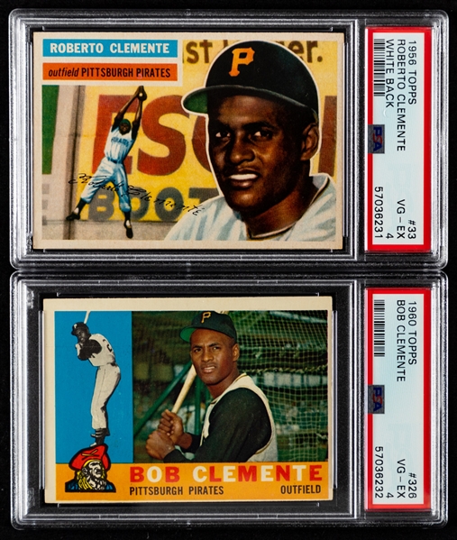1956 Topps Baseball Card #33 HOFer Roberto Clemente (White Back) Plus 1960 Topps Baseball Card #326 Roberto Clemente - Both Graded PSA 4