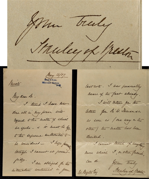 Lord Stanley Signed 1887 Handwritten Letter with Initialed Mailing Envelope – Letter Signed “Stanley of Preston”
