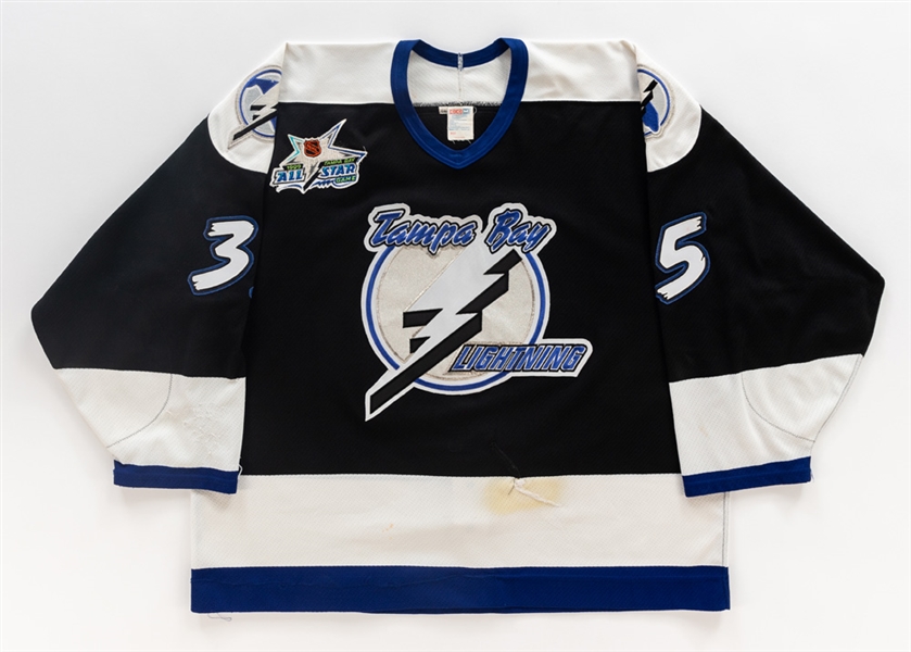 Derek Wilkinsons 1998-99 Tampa Bay Lightning Game-Worn Jersey - All-Star Game Patch! - Team Repairs! 