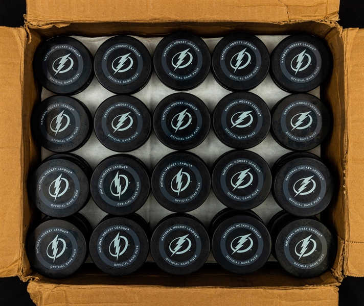 Tampa Bay Lightning 2019-20 Official NHL Playoff Pucks (70) In Original Box - Addressed to Scotiabank Arena for Toronto Bubble Games
