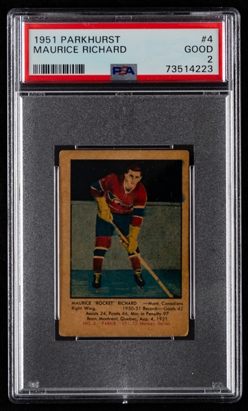 1951-52 Parkhurst Hockey Card #4 HOFer Maurice Richard Rookie - Graded PSA 2