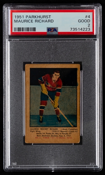 1951-52 Parkhurst Hockey Card #4 HOFer Maurice Richard Rookie - Graded PSA 2