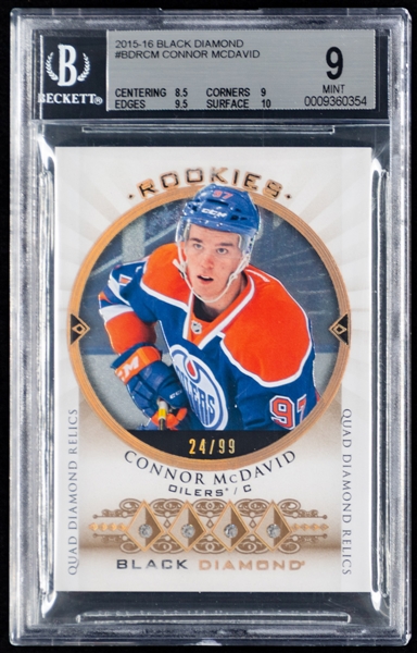 2015-16 Upper Deck Black Diamond Rookies Quad Diamond Relics Hockey Card #BDR-CM Connor McDavid Rookie (24/99) - Graded Beckett 9