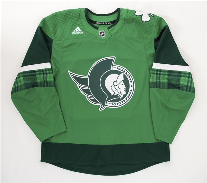 Chris Tiernys 2020-21 Ottawa Senators "St. Patricks Day" Signed Warm-Up Worn Jersey with Team COA
