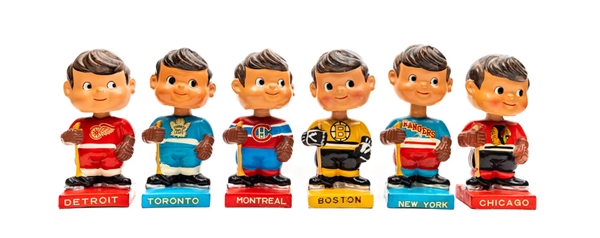 1962 "Original Six" Teams Complete Set of 6 Nodders / Bobbing Head Dolls - All Dark Hair