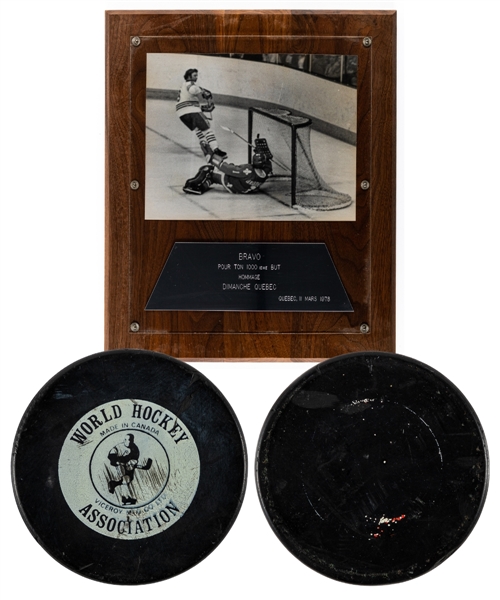 Important Bobby Hulls 1977-78 WHA Winnipeg Jets "1,000th Professional Hockey Career Goal" Goal Puck with Great Provenance - LOA 