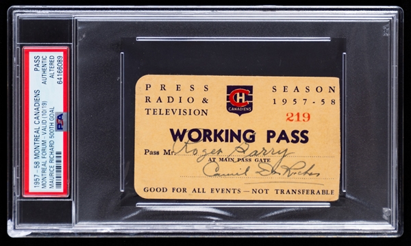 Montreal Canadiens 1957-58 Montreal Forum Press Pass (PSA Certified Authentic Altered) - Maurice Richard 500th Goal!