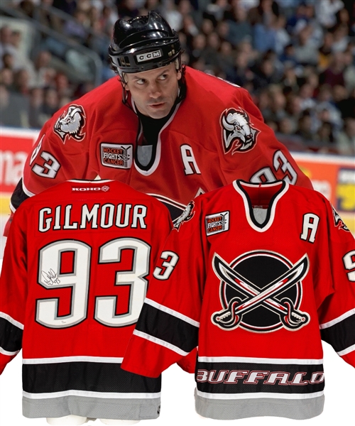 Doug Gilmours 2000-01 Buffalo Sabres Signed Game-Worn Alternate Captains Third Jersey with JSA LOA - Hockey Fights Cancer Patch! - Photo-Matched!
