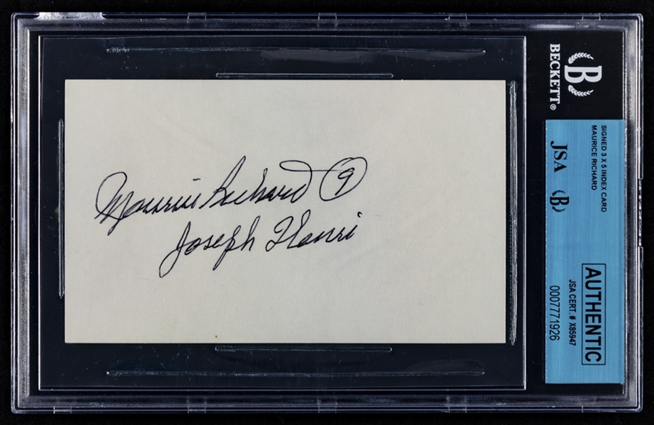 Deceased HOFer "Joseph Henri Maurice Richard" Signed Index Card JSA Certified - Rare Full Name Signature!