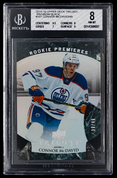 2015-16 Upper Deck Trilogy Rookie Premieres Black Rainbow Hockey Card #101 Connor McDavid (39/49) - Graded Beckett 8    