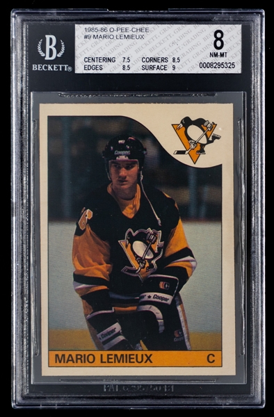 1985-86 O-Pee-Chee Hockey Card #9 HOFer Mario Lemieux Rookie - Graded Beckett 8