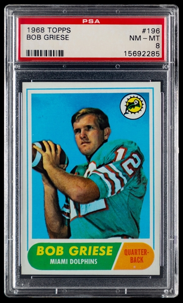 1968 Topps Football Card #196 HOFer Bob Griese Rookie - Graded PSA 8