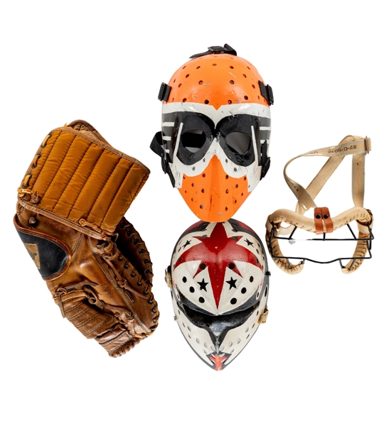 Vintage 1970s Goalie Masks (3) and Cooper Glove Including Fibrosport Fiberglass Goalie Mask - Jacques Plantes Company!