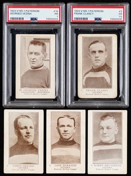 1923-24 William Paterson V145-1 Hockey Cards Starter Set (17/40) with PSA-Graded Cards of HOFers #3 King Clancy Rookie (FR 1.5) and #19 Georges Vezina (PR 1)