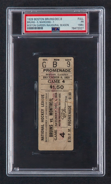 December 8th 1928 Boston Garden Full Ticket - Boston Bruins (5) vs Montreal Maroons (1) - Boston Garden Inaugural Season! - Graded PSA 1 (MK) - The Only One Graded by PSA!