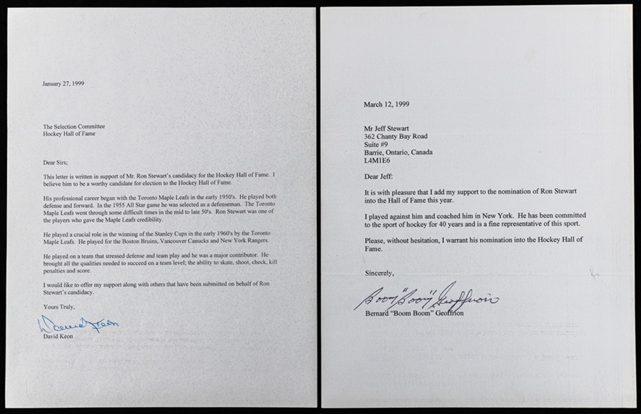Collection of 9 Letters Calling For The Nomination of Ron Stewart Including Deceased HOFers Geoffrion, Armstrong and Bower Plus Keon and Bucyk