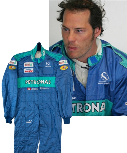 Jacques Villeneuves 2005 Credit Suisse Sauber Petronas F1 Team Signed Race-Worn Suit with His Signed LOA