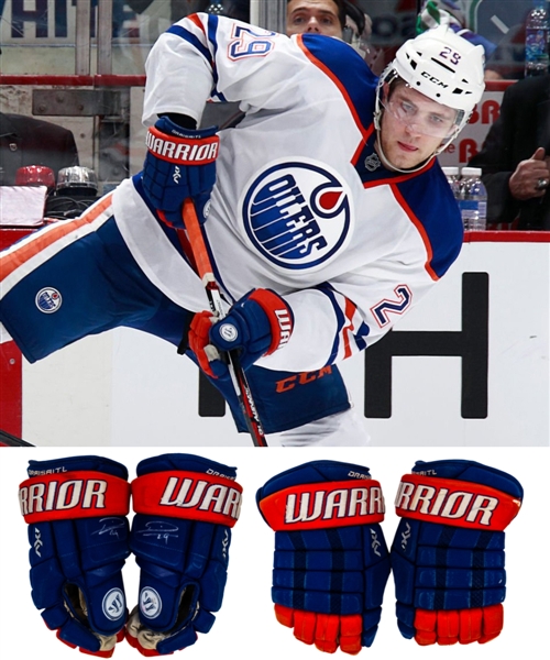 Leon Draisaitls 2015-16 Edmonton Oilers Signed Warrior AX1 Pro Game-Used Gloves with Team LOA - Photo-Matched!