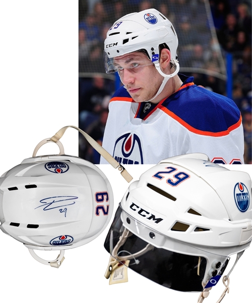 Leon Draisaitls 2014-15 Edmonton Oilers Signed CCM Vector 08 Pro Game-Worn Rookie Season Helmet with Team LOA - Photo-Matched!