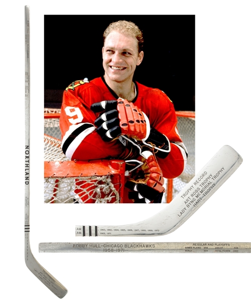 Bobby Hulls 1958-71 Chicago Black Hawks Northland Full-Size Trophy Stick - One-of-a-Kind Trophy Stick! - Engraved with Career Stats, All-Star Selections and Trophy Record