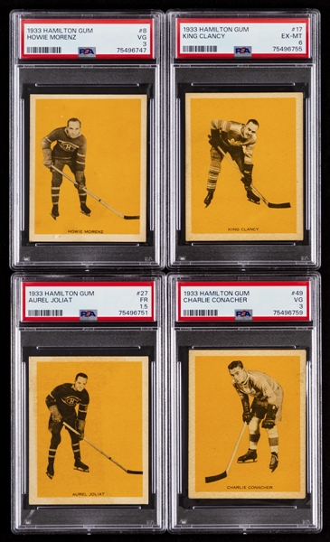 1933-34 Hamilton Gum V288 Hockey Complete 21-Card Set (Yellow Background) with PSA-Graded Cards of HOFers #8 Morenz (VG 3), #17 Clancy (EX-MT 6), #27 Joliat (FR 1.5) and #49 Conacher Rookie (VG 3)