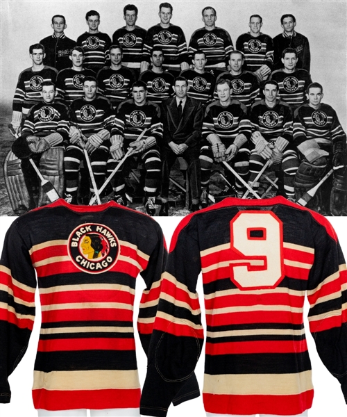 Chicago Black Hawks Circa 1947-48 Game-Worn Wool Jersey Attributed to George Gee - Team Repairs!
