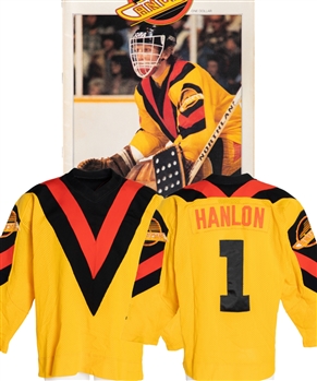 Glen Hanlons 1978-79 Vancouver Canucks Game-Worn Gold "V-Style" Rookie Season Jersey - Photo-Matched!