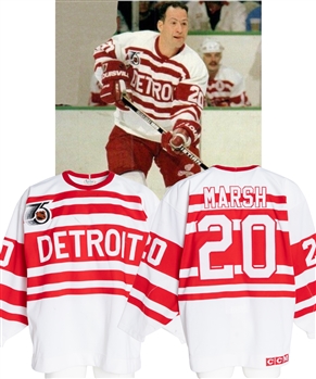 Brad Marshs 1991-92 Detroit Red Wings "TBTC" Game-Worn Jersey - 75th Anniversary Patch!
