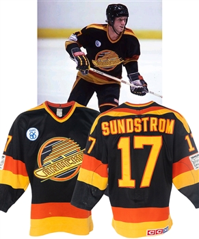 Patrik Sundstroms 1985-86 Vancouver Canucks Game-Worn Jersey - Expo 86 and Vancouver 100th Anniversary Patches! - Team Repairs! - Photo-Matched!